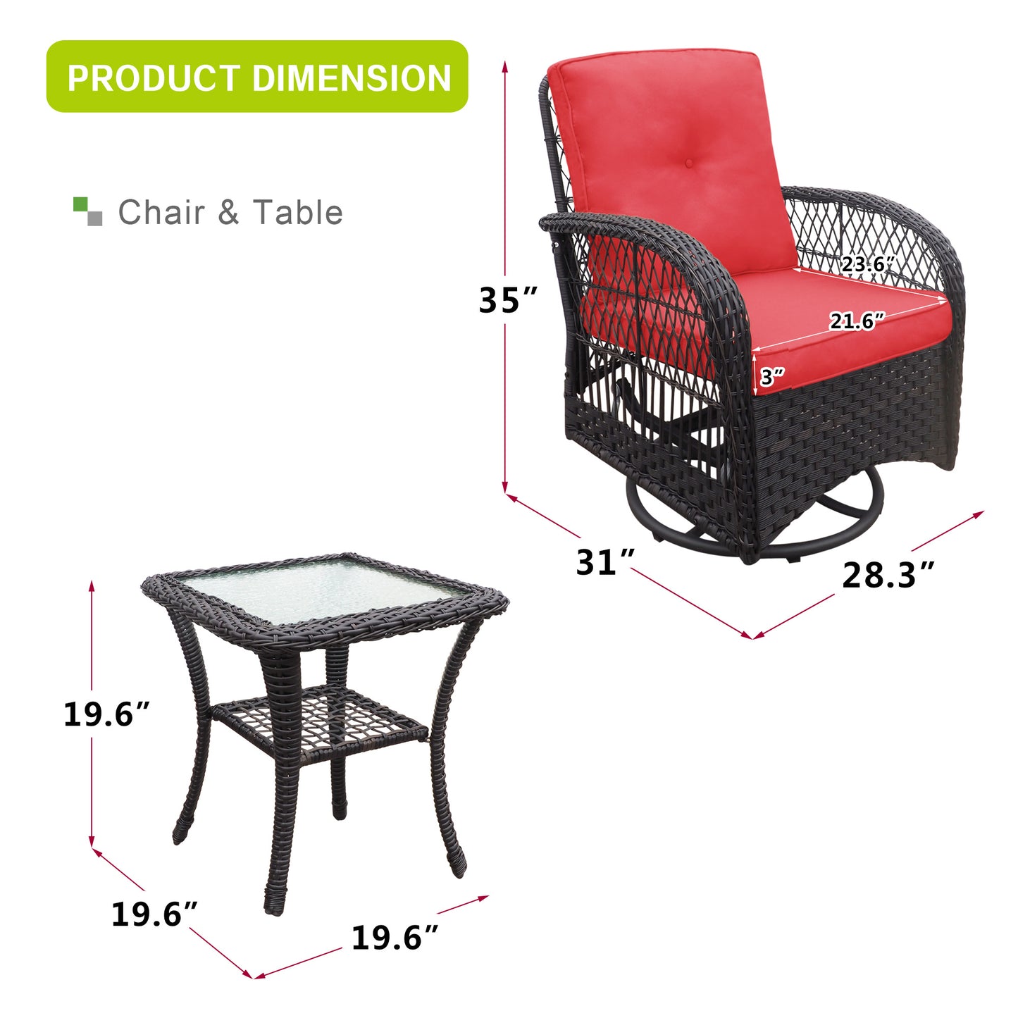360-Degree Patio Wicker Swivel Rocker Chairs Set; Outdoor Rattan Rocking Bistro Sets with Cushions and Table; Dark Brown