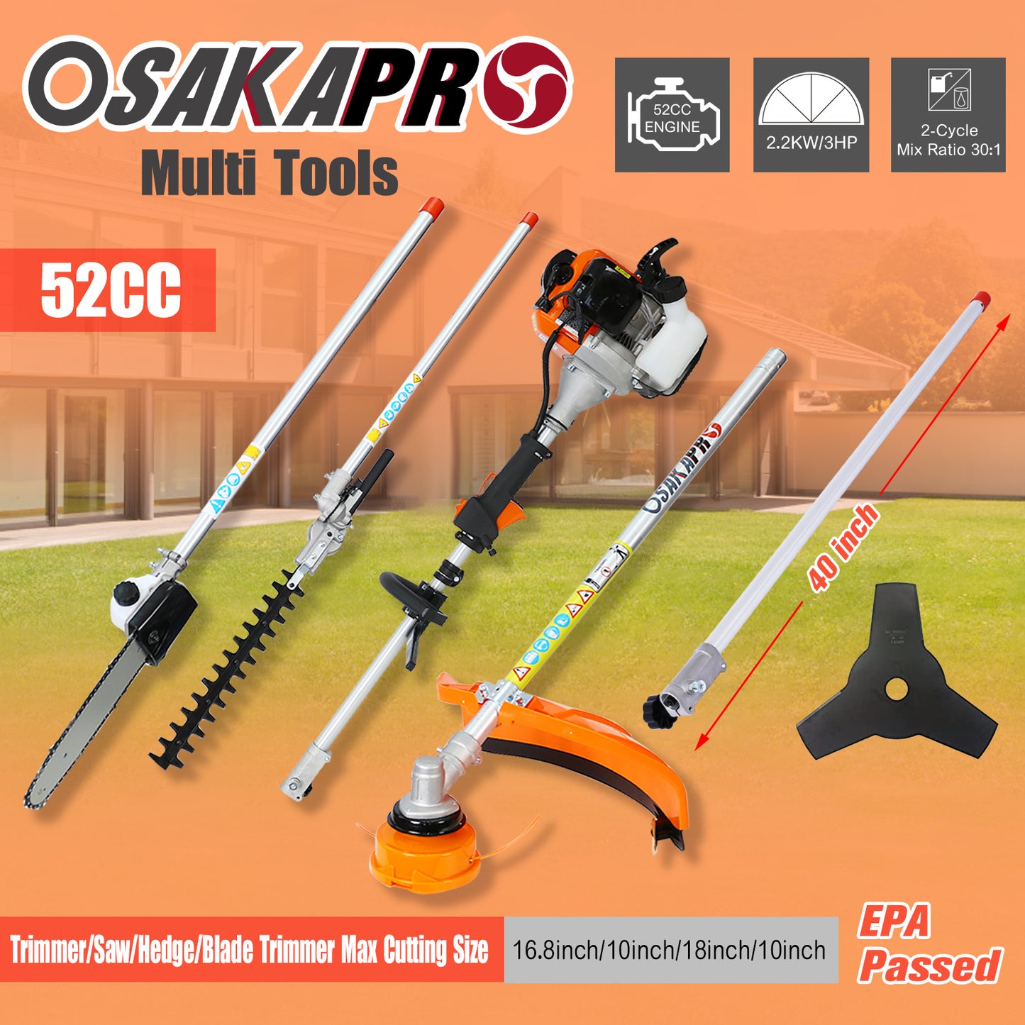 10 in 1 Multi-Functional Trimming Tool, 52CC 2-Cycle Garden Tool System with Gas Pole Saw, Hedge Trimmer, Grass Trimmer, and Brush Cutter EPA Compliant
