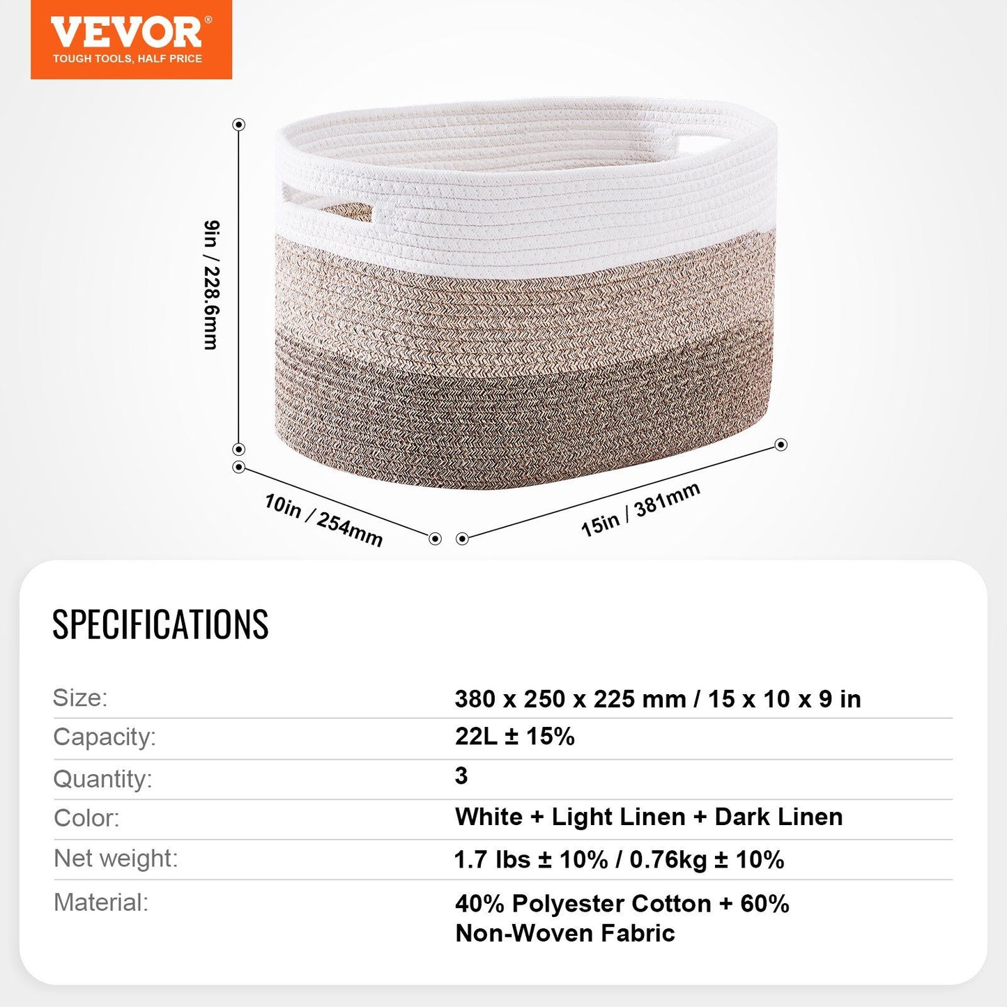 Cotton Rope Basket 3 Packs 22L Woven Storage Basket for Organizing