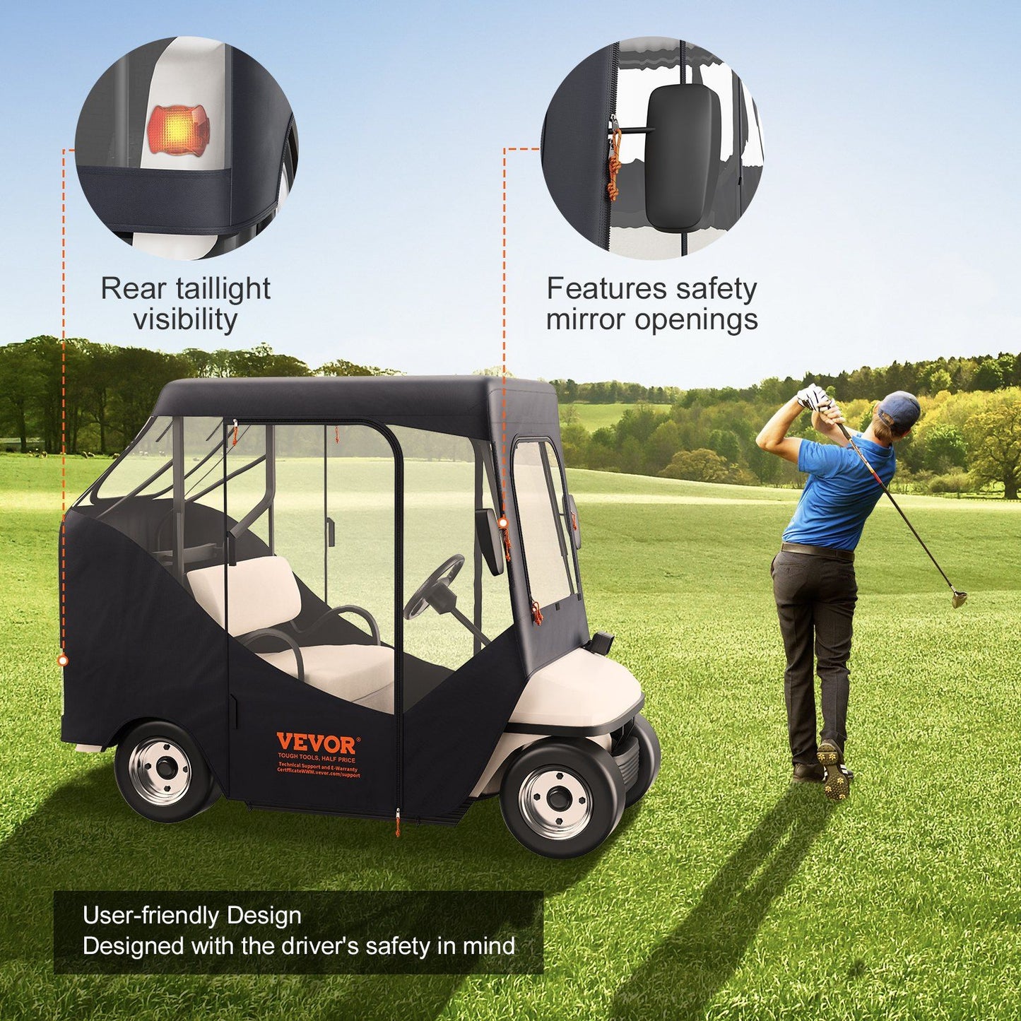 Golf Cart Enclosure, 600D Polyester Driving Enclosure with 4-Sided Transparent Windows