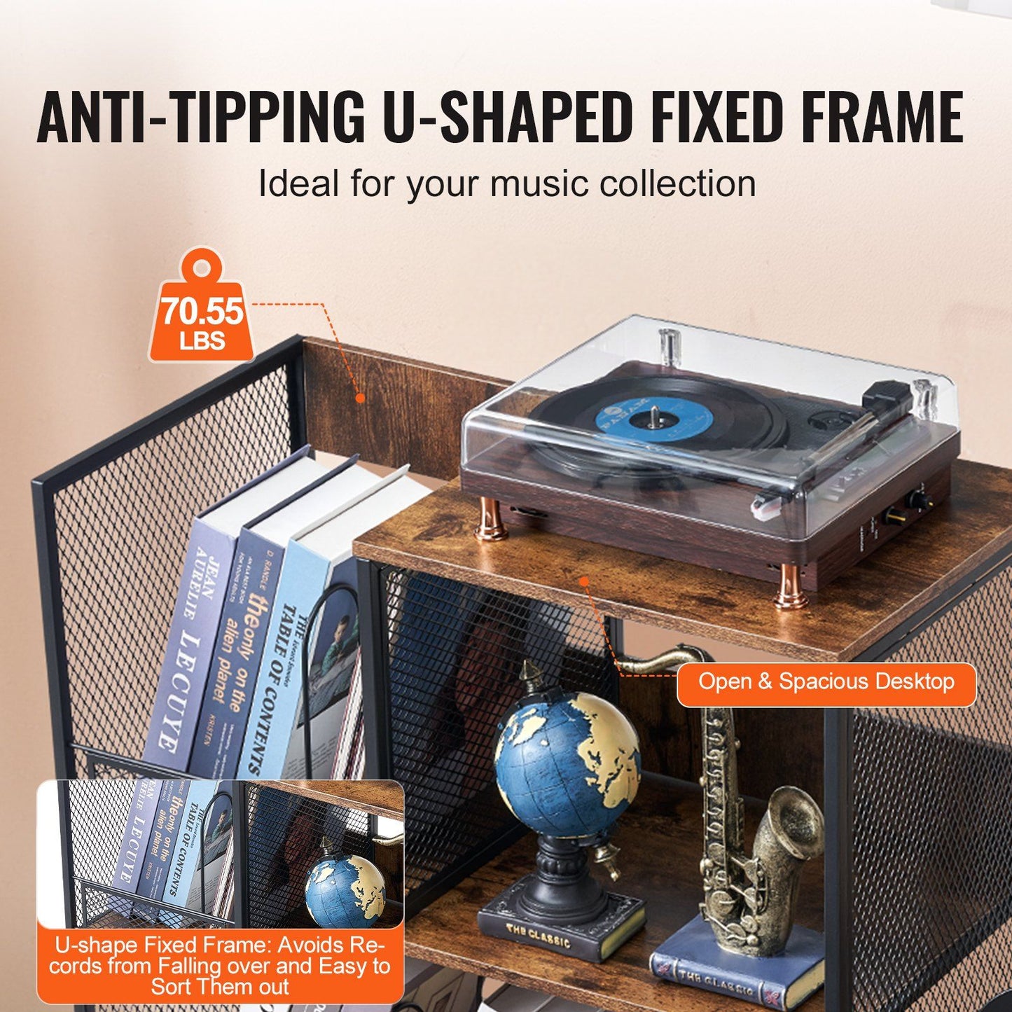 Record Player Stand 3-Tier Metal Turntable Stand with Guitar Store Black