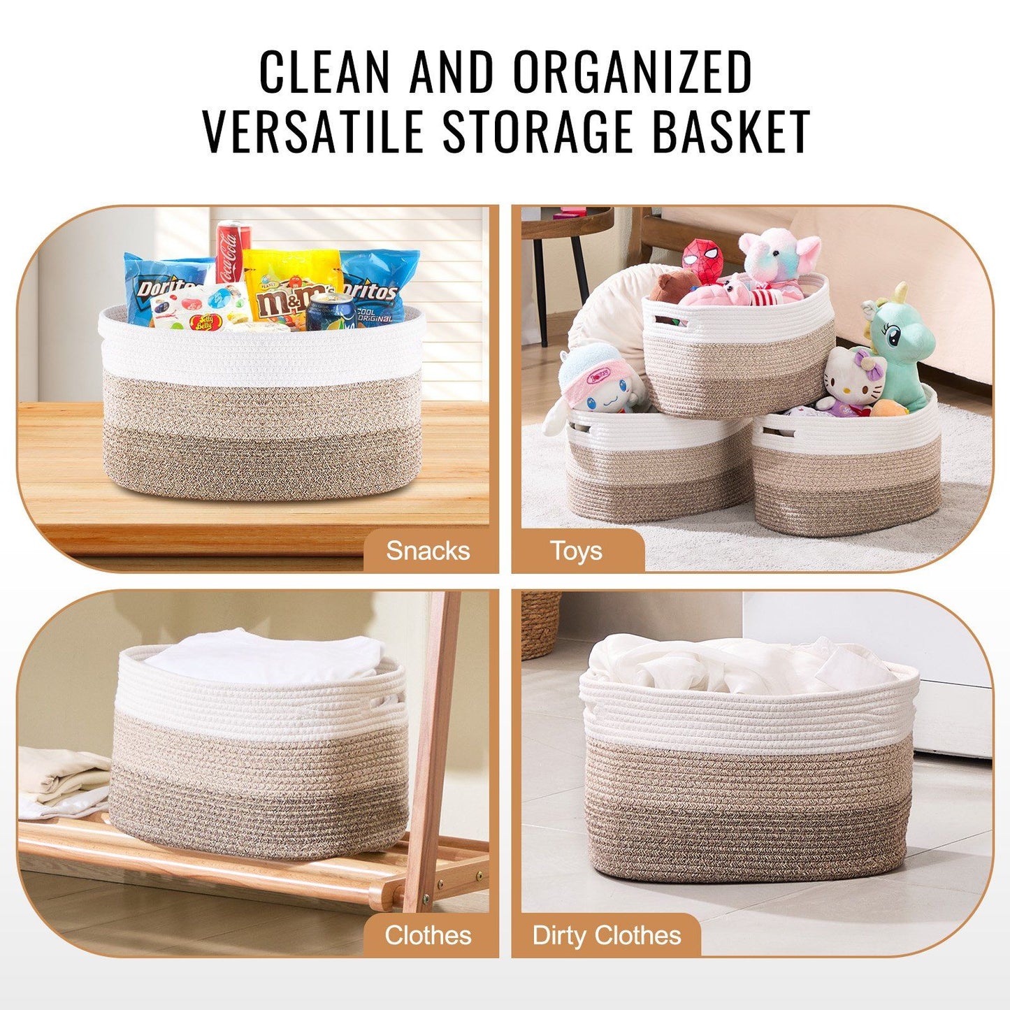 Cotton Rope Basket 3 Packs 22L Woven Storage Basket for Organizing