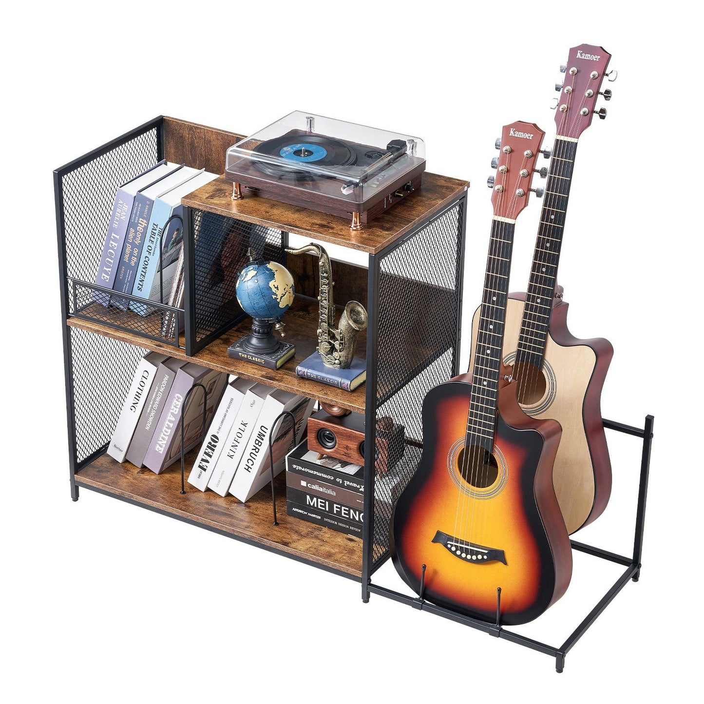 Record Player Stand 3-Tier Metal Turntable Stand with Guitar Store Black