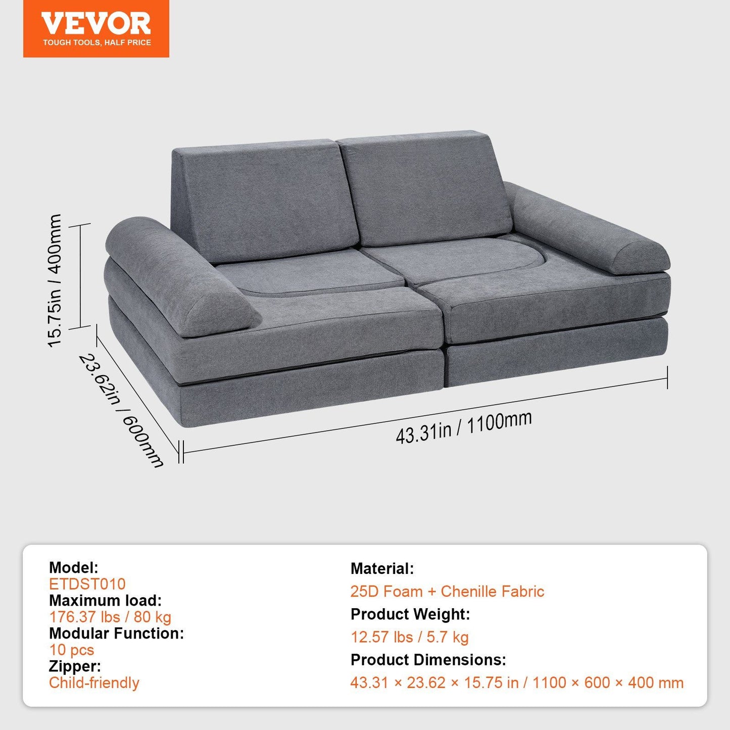 Kids Couch, 10Pcs Modular Kids Play Couch, Toddler Couch Sofa Bed