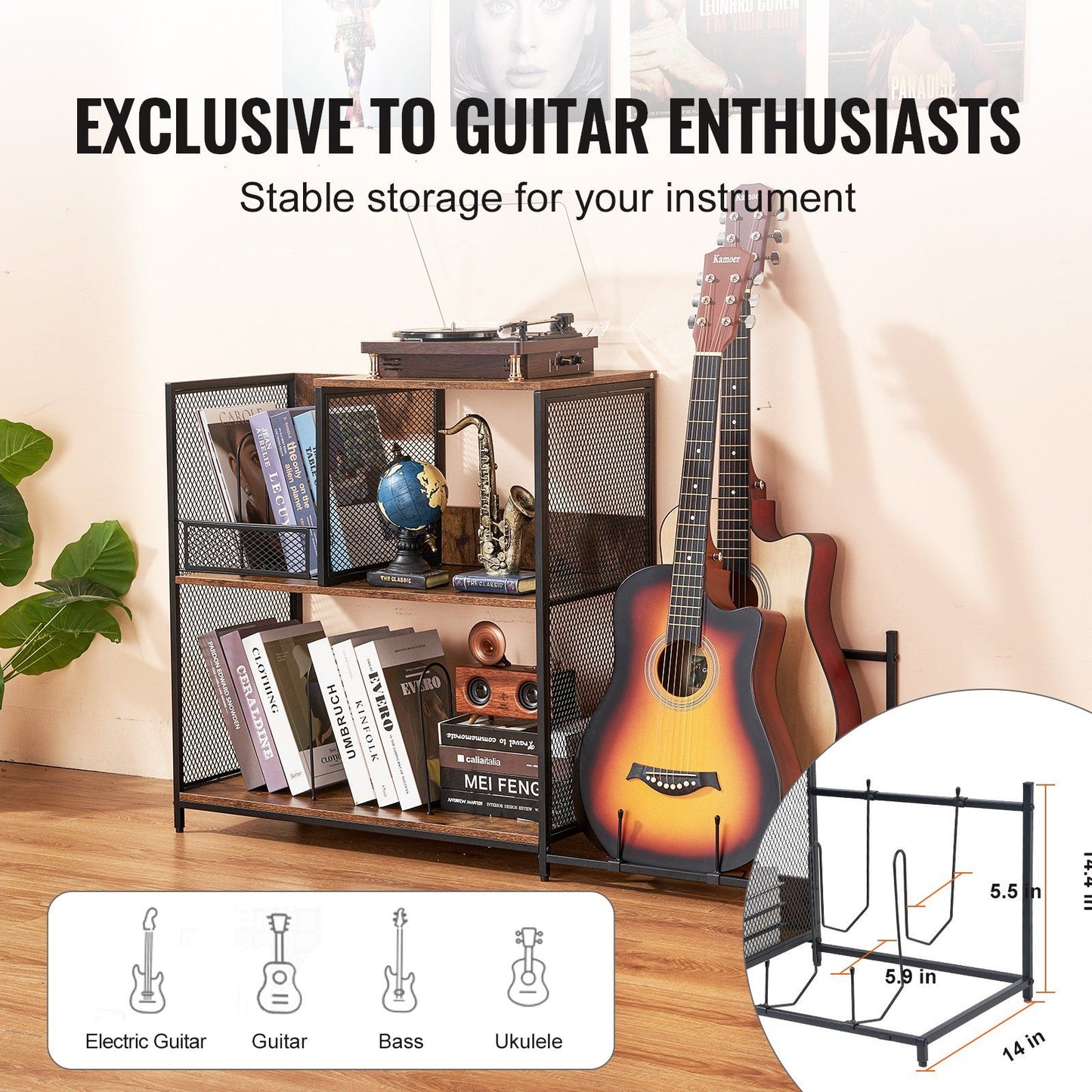 Record Player Stand 3-Tier Metal Turntable Stand with Guitar Store Black