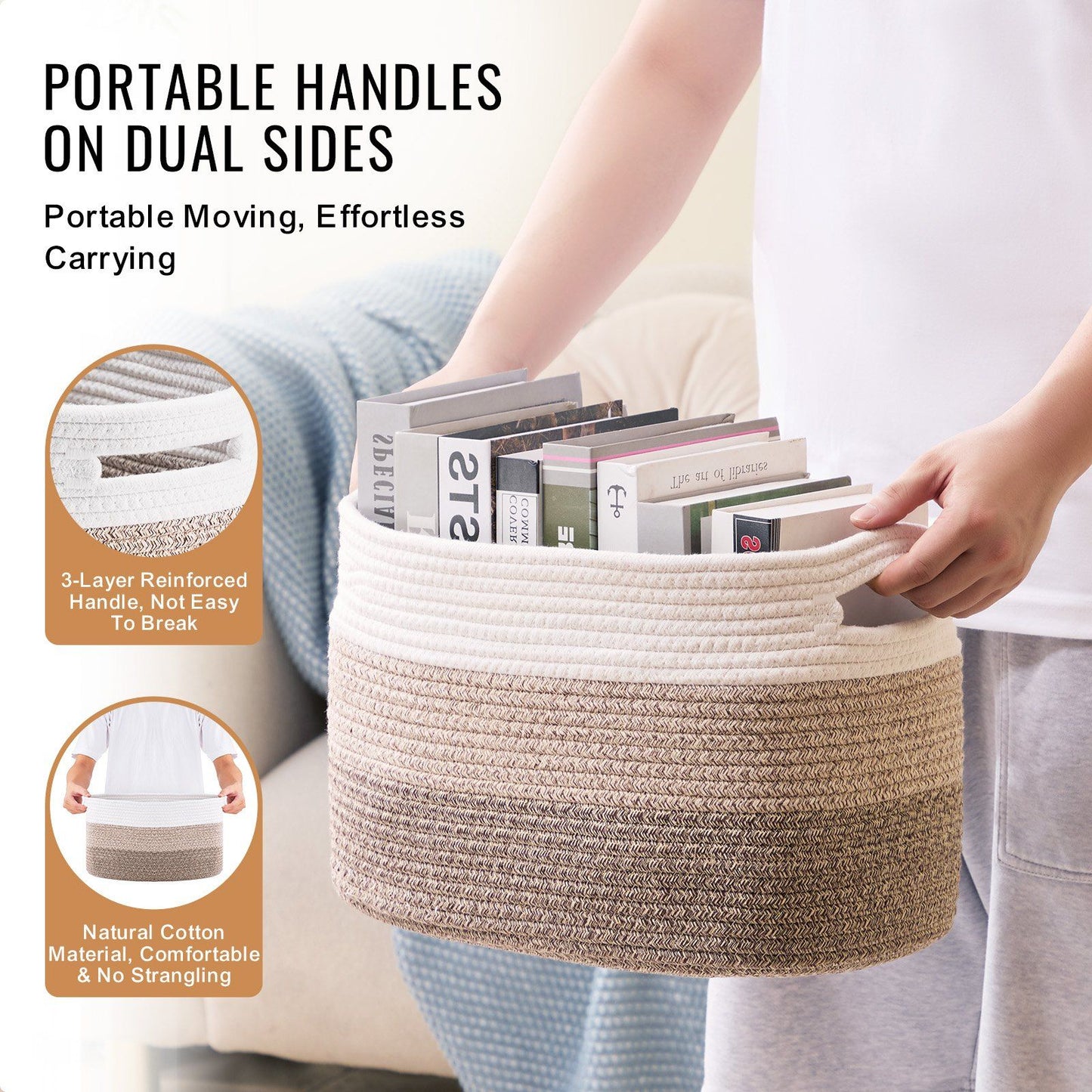 Cotton Rope Basket 3 Packs 22L Woven Storage Basket for Organizing