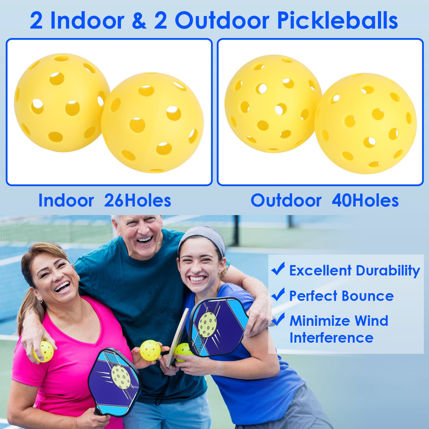 Pickleball Set 2 Fiberglass Paddles 4 Outdoor Indoor Balls Portable Carry Bag 2 Cooling Towel Lightweight Ergonomic Grip